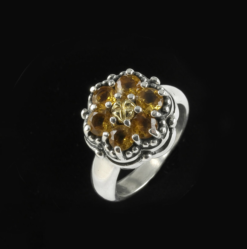 Citrine Cluster Ring handmade in Sterling Silver and 18 K Gold by Bowman Originals, Sarasota, 941-302-9594