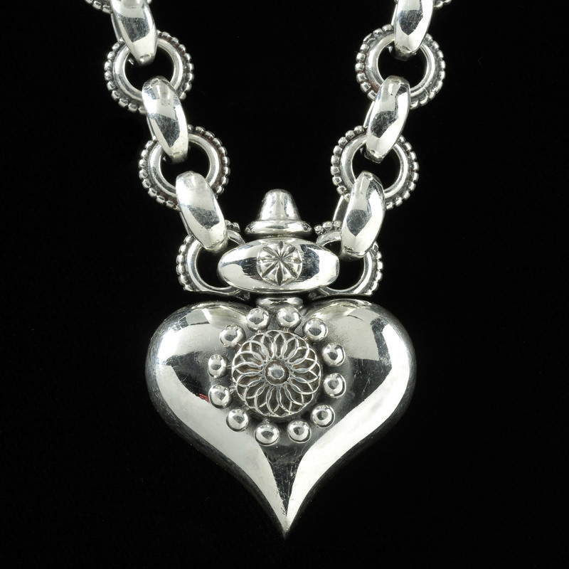 Sterling Silver handmade Heart Necklace with link chain by Bowman Originals, Sarasota, 941-302-9594.