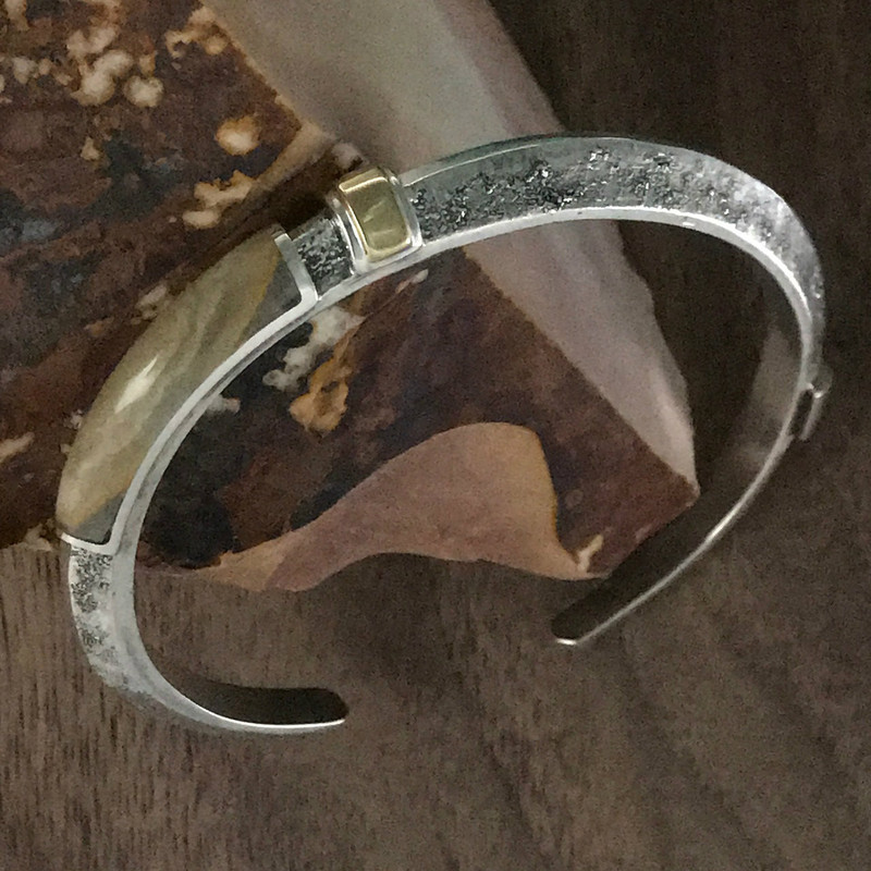 Silver Cuff Bracelet with Onyx, Tiger Eye and 18 k Gold by Bowman Originals.