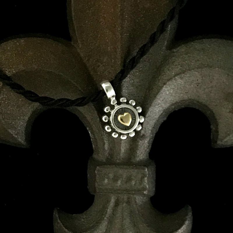 Beaded Sterling Silver and 18 K Gold Heart Pendant on black silk cored handmade by Bowman Originals, Sarasota, 941-302-9594