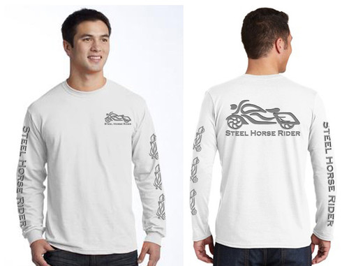 Steel Horse Rider REFLECTIVE GRAPHICS White Long Sleeve Motorcycle T-Shirt (graphics are protected by copyright laws, unauthorized use is prohibited)