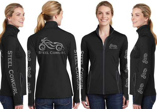 Black Wicking Thumbhole Full Zip Jacket with Reflective Steel Cowgirl Graphics (Graphics are protected by copyright laws, unauthorized use is prohibited)