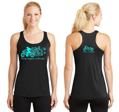 "Therapy Happens In The Wind" Wicking Black Aqua Racerback Tank (Graphics are protected by copyright laws, unauthorized use is prohibited)