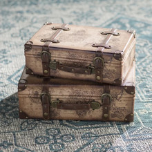 Old World Map Leather Vintage Style Suitcase with Straps-Set of 2
