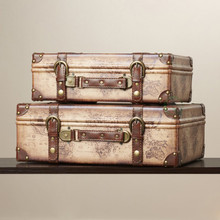 Old World Map Leather Vintage Style Suitcase with Straps-Set of 2