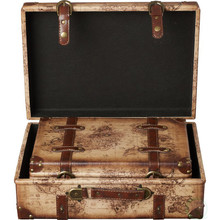 Old World Map Leather Vintage Style Suitcase with Straps-Set of 2