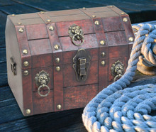 Antique Wooden Pirate Treasure Chest with Lion Rings and Lockable Latch