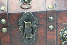 Antique Wooden Pirate Treasure Chest with Lion Rings and Lockable Latch