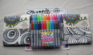 Bandanna kit contains (2) 100% cotton bandannas in the Mandala pattern and the Sunflower pattern plus a Sharpie 24 ct Colorburst Fine Point Permanent Marker set.