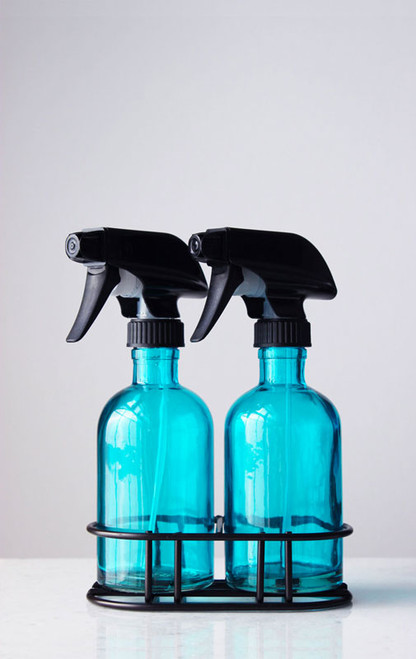 Perfect Pair Beach Blue Glass Spray Bottle w/ Black Spray Nozzle + Stand Perfect Pair Beach Blue Glass Spray Bottle w/ Black Spray Nozzle + Stand