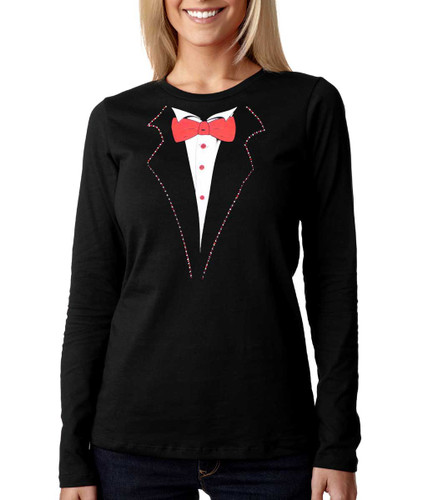Longsleeve Tuxedo T-shirt Rhinestone Lapels Missy Sizing