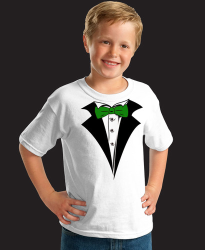 Kids White Tuxedo T-Shirt with Green Tie