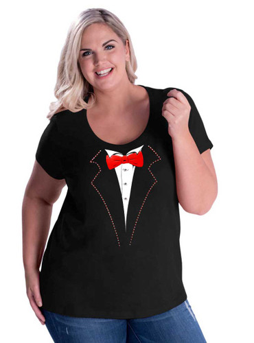 Ladies Curvy Scoop Neck Plus Size Tuxedo T-Shirt with Rhinestone Lapels