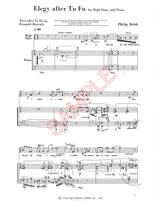 Brink, Phillip- Elegy after Tu Fu, for high voice and piano Brink, Phillip- Elegy after Tu Fu, for high voice and piano