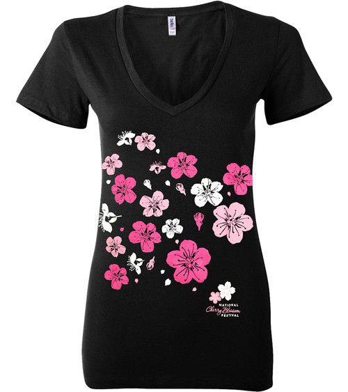 Ladies Cherry Limb Fitted V-Neck T-Shirt-Black