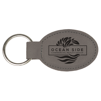 Gray Leatherette Keychain with Custom Laser Engraving Gray Leatherette Keychain with Custom Laser Engraving