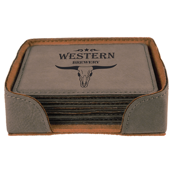 Gray Square Leatherette Coaster Set with Custom Laser Engraving Gray Square Leatherette Coaster Set with Custom Laser Engraving