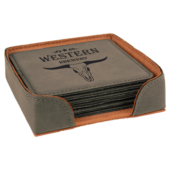 Gray Square Leatherette Coaster Set with Custom Laser Engraving Gray Square Leatherette Coaster Set with Custom Laser Engraving