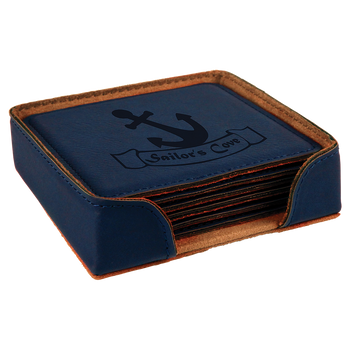 Blue Square Leatherette Coaster Set with Custom Laser Engraving Blue Square Leatherette Coaster Set with Custom Laser Engraving