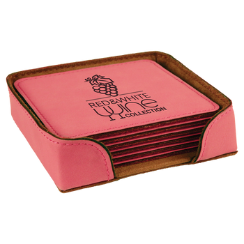 Pink Square Leatherette Coaster Set with Custom Laser Engraving Pink Square Leatherette Coaster Set with Custom Laser Engraving