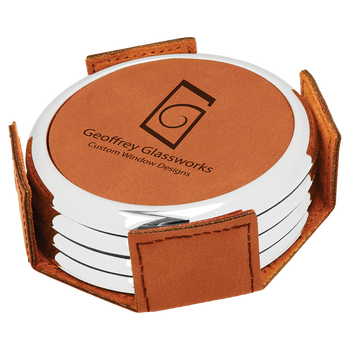 Rawhide Round Coaster Set (Silver Border) with Custom Laser Engraving Rawhide Round Coaster Set (Silver Border) with Custom Laser Engraving