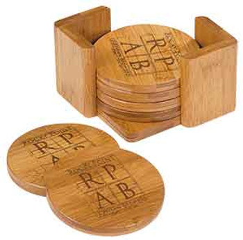 Bamboo Round 6-Coaster Set with Custom Laser Engraving Bamboo Round 6-Coaster Set with Custom Laser Engraving