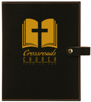Black/Gold Leatherette Book Cover Snap Close with Custom Laser Engraving Black/Gold Leatherette Book Cover Snap Close with Custom Laser Engraving