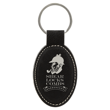 Black/Silver Leatherette Oval Keychain with Custom Laser Engraving Black/Silver Leatherette Oval Keychain with Custom Laser Engraving