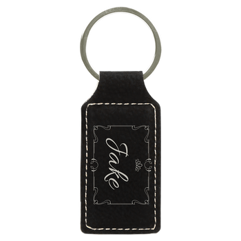 Black/Silver Leatherette Rectangle Keychain with Custom Laser Engraving Black/Silver Leatherette Rectangle Keychain with Custom Laser Engraving