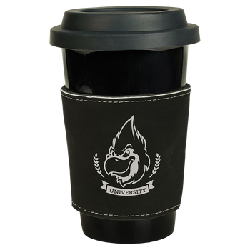 Black/Silver Leatherette Mug Sleeve with Custom Laser Engraving Black/Silver Leatherette Mug Sleeve with Custom Laser Engraving