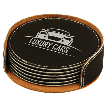 Black/Silver Leatherette Coaster Set with Custom Laser Engraving Black/Silver Leatherette Coaster Set with Custom Laser Engraving