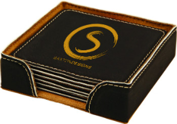 Black/Gold Square Leatherette Coaster Set with Custom Laser Engraving Black/Gold Square Leatherette Coaster Set with Custom Laser Engraving
