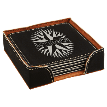 Black/Silver Square Leatherette Coaster Set with Custom Laser Engraving Black/Silver Square Leatherette Coaster Set with Custom Laser Engraving
