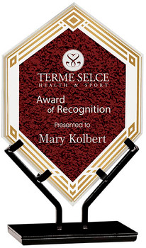 Custom Engraved Red Acrylic Double Diamond Award on Iron Stand (9.5") Custom Engraved Red Acrylic Double Diamond Award on Iron Stand (9.5")