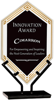 Custom Engraved Black Acrylic Double Diamond Award on Iron Stand (10.5") Custom Engraved Black Acrylic Double Diamond Award on Iron Stand (10.5")