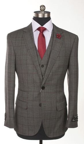 RSA 3 Piece Medium Grey Window Pane Slim Fit Suit