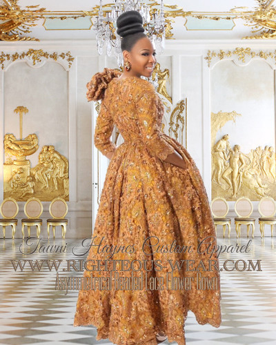 TAWNI HAYNES CUSTOM ASYMMETRICAL BEADED LACE FLOWER GOWN