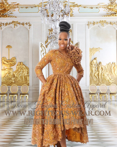 TAWNI HAYNES CUSTOM ASYMMETRICAL BEADED LACE FLOWER GOWN