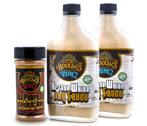 Jam funkaliscious flavor through and through all your meats with Bootsie's All Purpose Spice n' Rub. Hit me twice with Bootsie's unique Hi-Tone White BBQ Sauce – with tangy high notes and earthy spice-tones that make it an instant crowd pleaser.