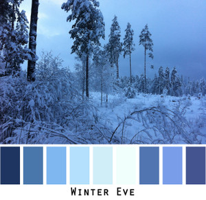 Winter Eve - deep violet blue teal indigo navy white snow covered woods , colors for blue eyes, blonde black, grey hair, redheads, photo by Inese Iris Liepina, Wrapture by Inese