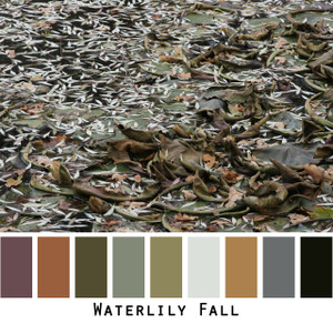 Waterlily Fall - brown raisin olive taupe charcoal black colors on a frozen waterlily pond colors for green eyes, brown eyes, brunette, redhead, black hair, gray hair - photo by Inese Iris Liepina, Wrapture by Inese