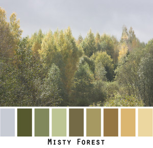 Misty Forest - green olive chartreuse, sage, tobacco grey gold trees in a forest colors for green eyes, brown eyes, brunette, redhead - photo by Inese Iris Liepina, Wrapture by Inese