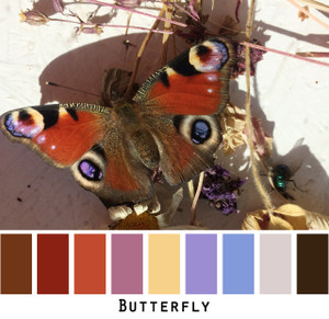 Butterfly - rust orange black blue violet pale yellow butterfly colors for blue eyes, green eyes, brown eyes, blonde hair, brunette, redhead, black hair, gray hair - photo by Inese Iris Liepina, Wrapture by Inese