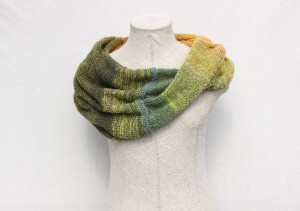 Tirelis mohair loop scarf Wrapture by Inese Iris Liepina green gold olive lime yellow