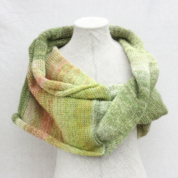 Rhubarb Flower shawl wrap mohair cotton chunky knit Wrapture by Inese Iris Liepina coral pink green lime celery