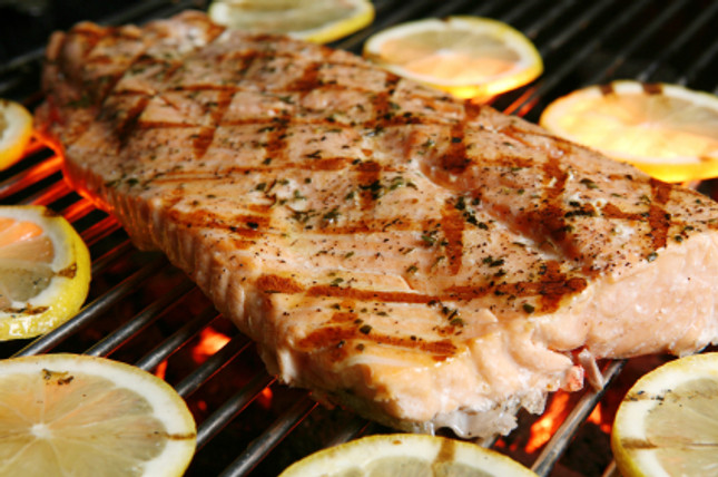 Slavo’s Grilled Salmon over Summer Solstice Squash and Cauliflower Puree
