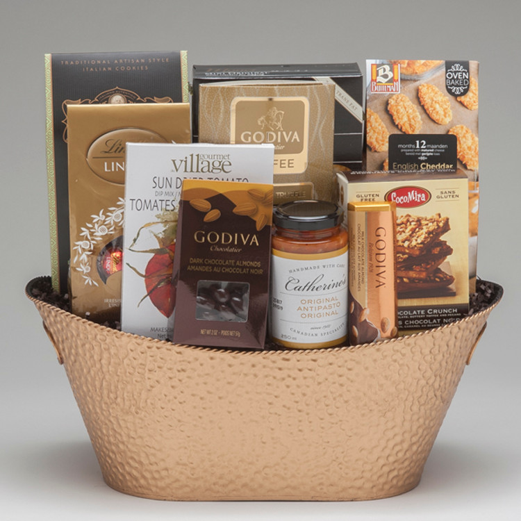 This elegant gift comes loaded with a traditional selection of gourmet foods & chocolates, and features Buiteman's authentic savoury cheese biscuits, and CocoMira Butter Crunch (made in Canada!) which we think are wonderful! This gift is ideal for clients, and of course, for friends and family too!