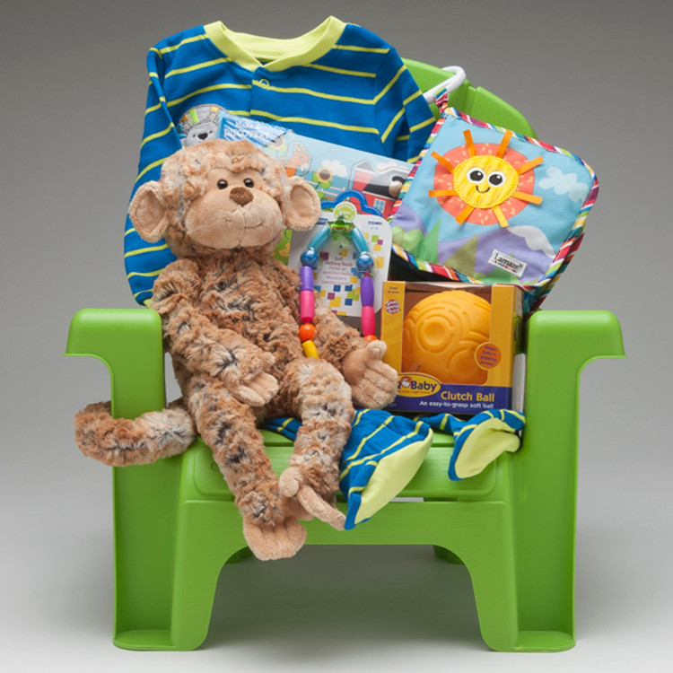 This Little Tikes child-size chair comes loaded with a friendly & fun selection of toys and gear for the little one; sleeper, book, puzzle, teether, easy-to-grasp ball, and the cutest monkey stuffie by Douglas...a gift that will grow with the child in the months to come!