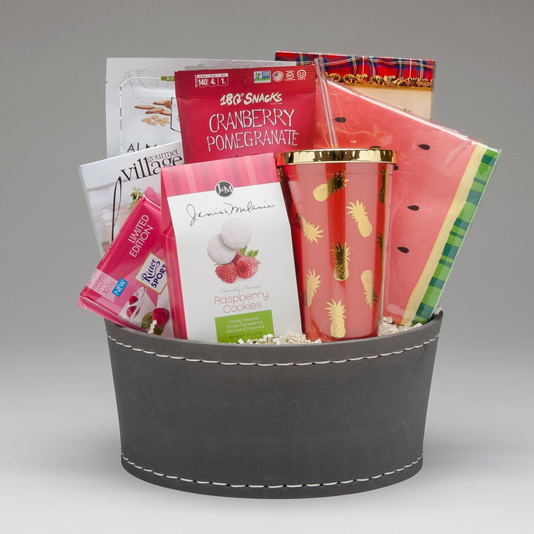 This fresh & fruity summer theme basket comes filled with tasty snacks & treats, and features a trendy pineapple & gold tone acrylic travel tumbler and some jazzy watermelon napkins...sure to bring a smile to her face!