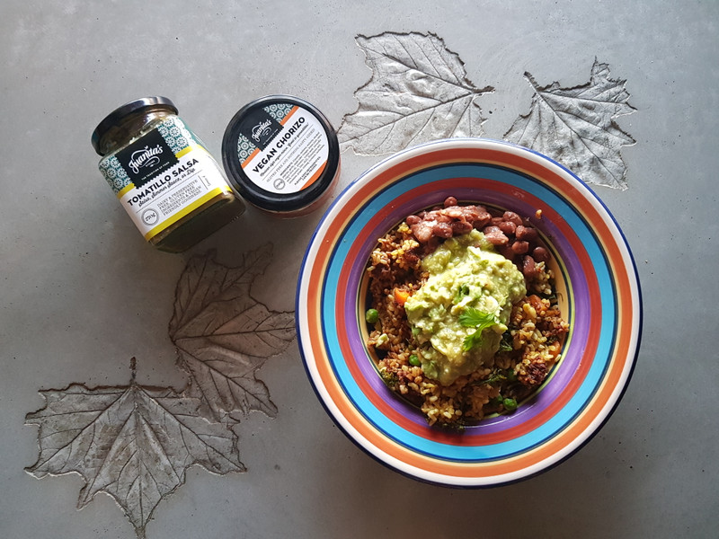 Healing Turmeric rice with Vegan Chorizo and Avocado Mash